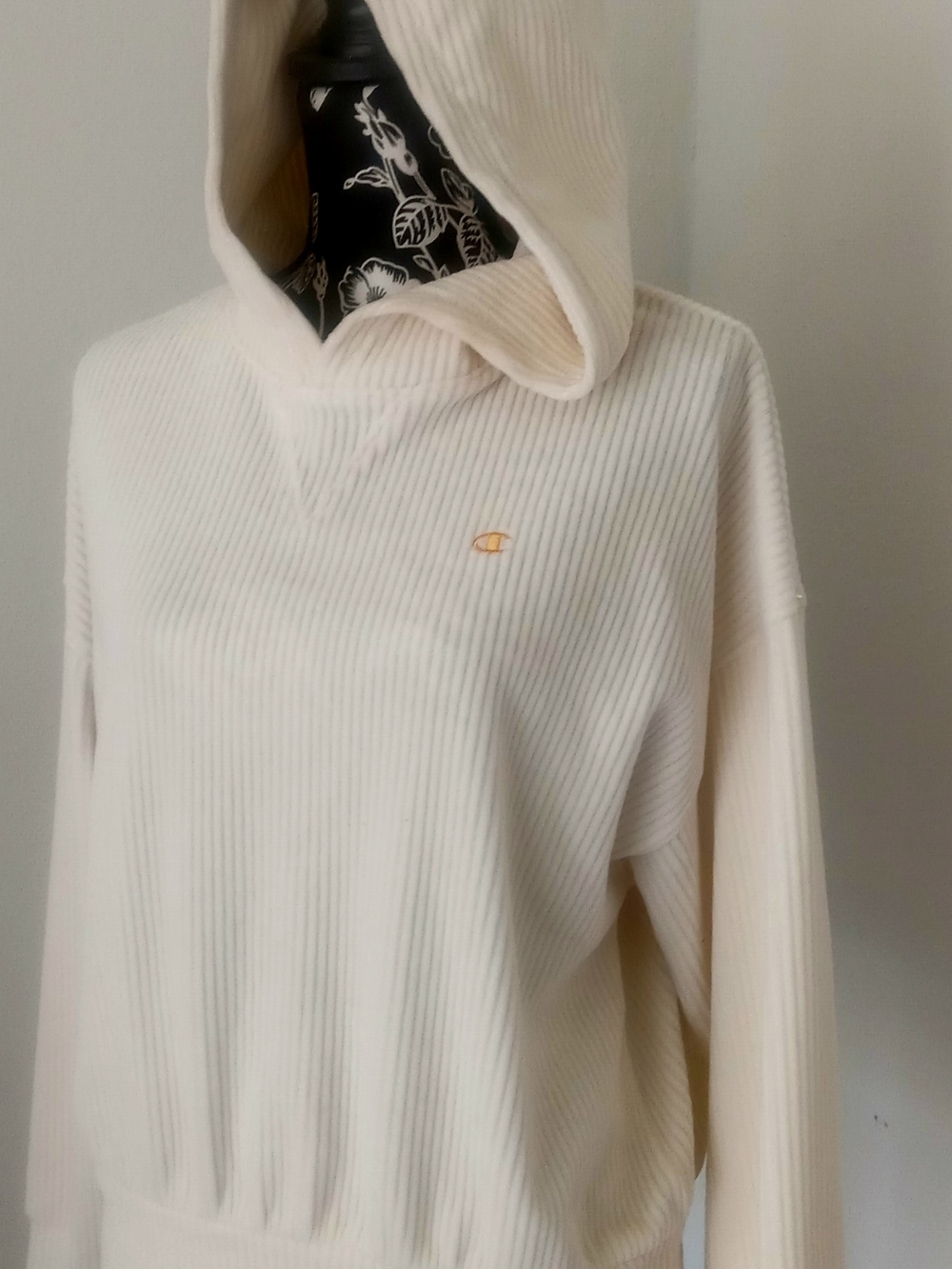 Champion Cream Ribbed Pullover Hoodie with Gold C Patch